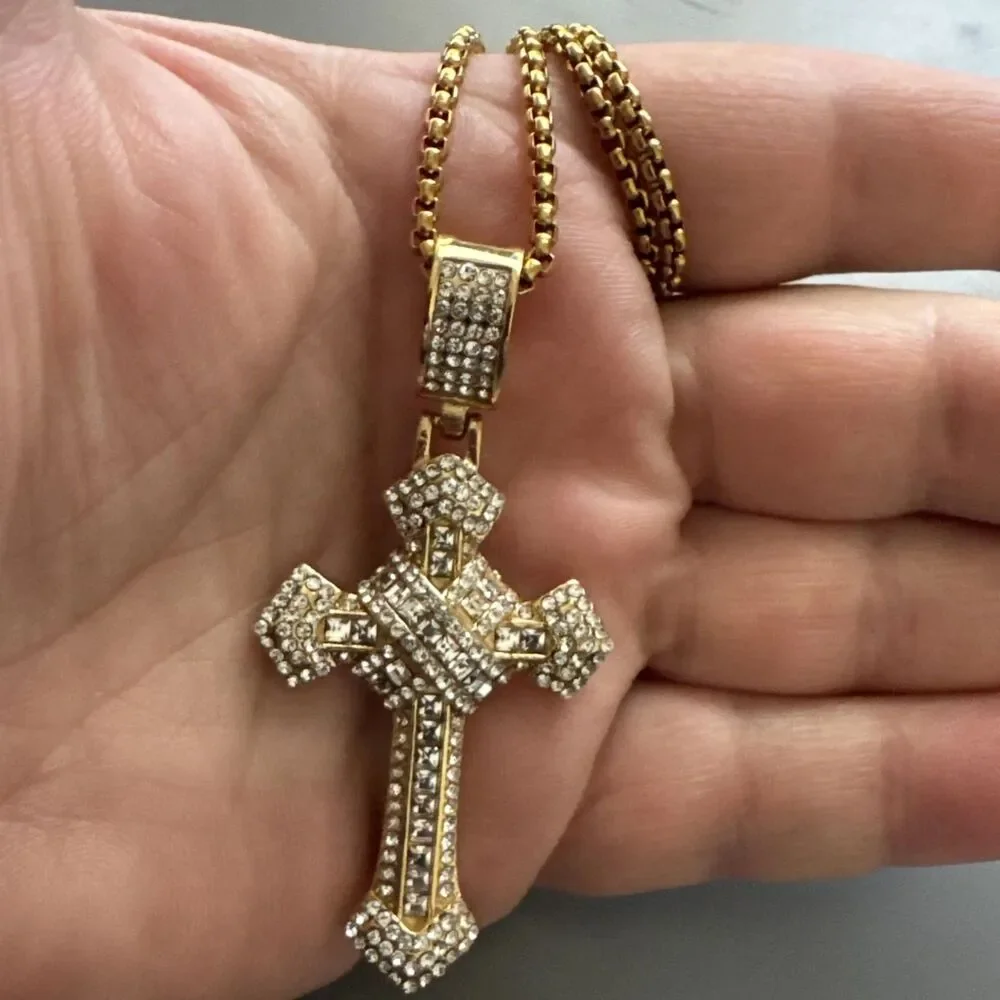Cross Pendant Cubic Zirconia Jesus 24” Chain Gold Plated Religious Faith Gift